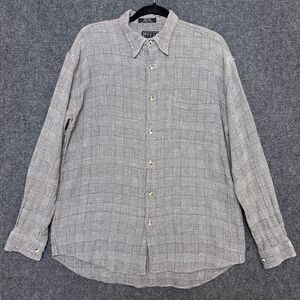 Bogari Studio Mens Button Up XL Brown Plaid Loose Weave Boho Heritage VTG